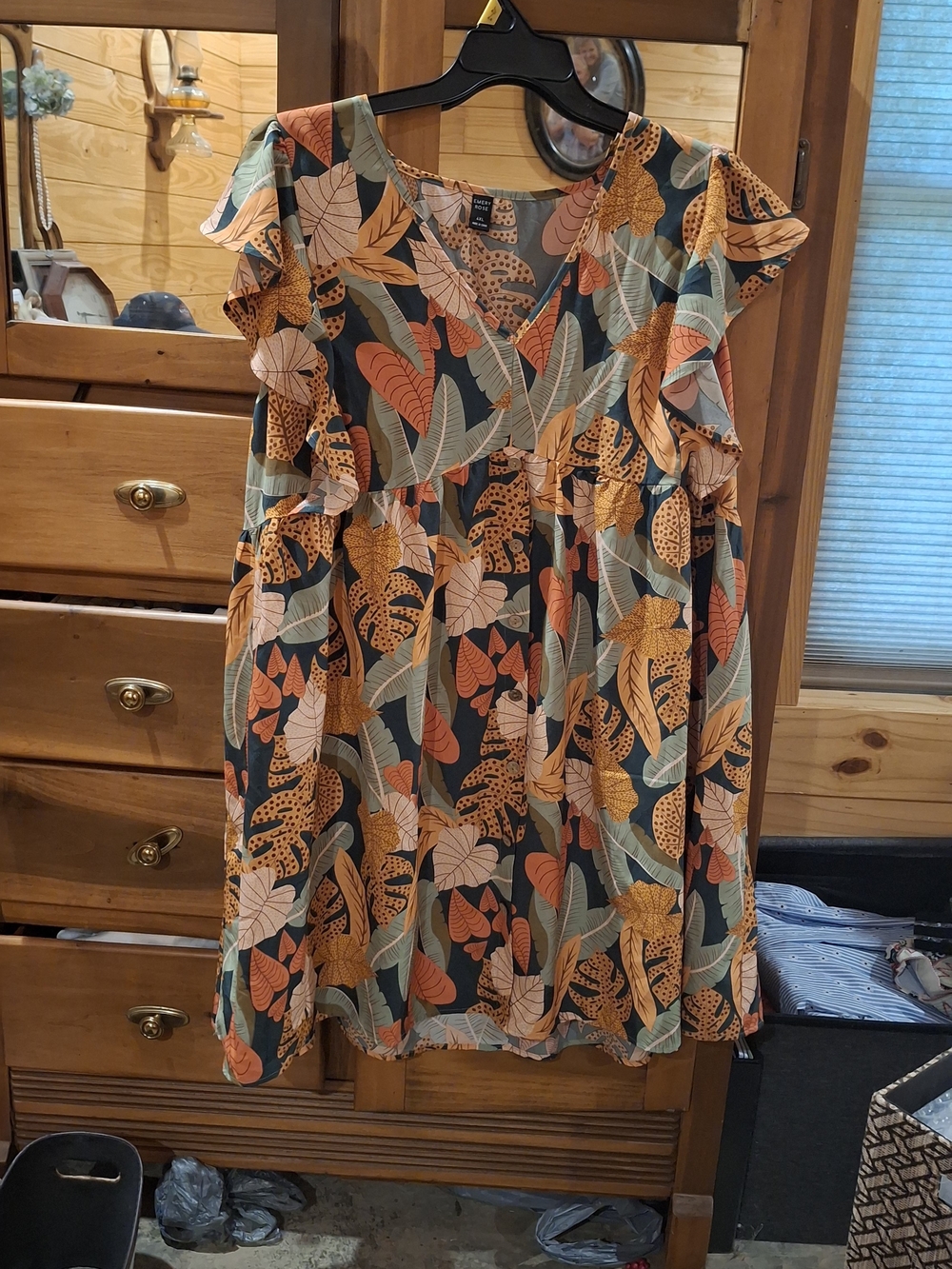 Flutter Sleeve V-Neck Dress in Teal Botanical - Picture 2 of 14